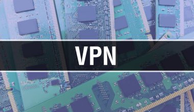 Bilgisayar anakartlı VPN kavramı. VPN metni Teknoloji Anakart Dijital Teknoloji arkaplanı üzerine yazılmış. Yazdırılmış devre kartı ile VPN ve Chip entegre devre Backgroun 'u kapatır