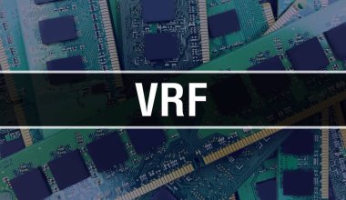 Elektronik Bilgisayar Donanım Teknolojisi geçmişi olan VRF. Elektronik Entegre Devre ve VRF ile soyut bir arkaplan. Elektronik Devre Kurulu. Bilgisayar Entegre Devre Domuzu ile VRF