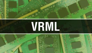 Devre Panosundaki Bilgisayar Çipi kullanılarak VRML konsept illüstrasyonu. Entegre devrelerin VRML kapatma arkaplanı. Elektronik Bilgisayar Donanım Teknolojisi Anakartındaki VRML Dijital Chi