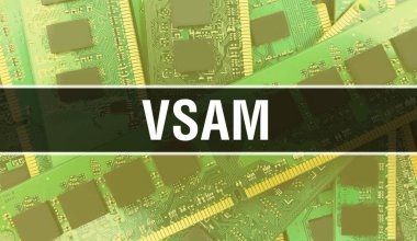 Elektronik Bilgisayar Donanım Teknolojisi geçmişi olan VSAM. Elektronik Entegre Devre ve VSAM ile soyut bir arkaplan. Elektronik Devre Kurulu. Bilgisayar Entegre Devre Domuzlu VSAM