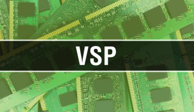 Devre Panosundaki Bilgisayar Çipi 'ni kullanarak VSP konsepti çizimi. VSP, entegre devre levha arkaplanını kapat. Elektronik Bilgisayar Donanım Teknolojisi Anakart Dijital Çip arka grubunda VSP