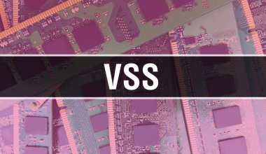 Yazılım geliştiricisi ve bilgisayar yazılımının elektronik soyut teknoloji arka planında VSS metni yazıldı. VSS Entegre Devre Konsepti. VSS entegre devre ve direnç