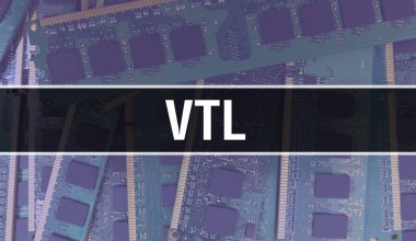 Devre kartında Elektronik Entegre Devre kavramı. Bilgisayar Çipi 'nin soyut teknoloji arka planında olduğu VTL ve Chip entegre bir devrede kapanıyor. VTL Arka Gruplandırması