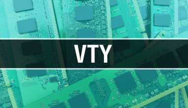 Bilgisayar ana kartı ile VTY konsepti. Teknoloji anakartının dijital teknolojisi üzerine yazılmış VTY metni. Yazdırılmış devre kartı ile VTY ve Chip entegre devre Backgroun üzerinde kapatın