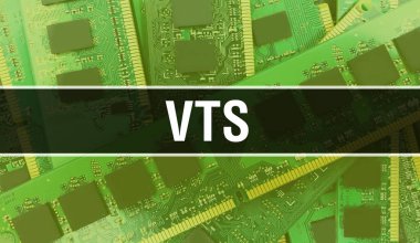 Elektronik Bilgisayar Donanım Teknolojisi geçmişi olan VTS. Elektronik Entegre Devre ve VTS ile soyut bir arkaplan. Elektronik Devre Kurulu. Bilgisayar Entegre Devre Domuzu ile VTS