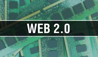 Entegre devre kartı BackGround.Digital Electronic Computer Hardware ve Secure Data Concept üzerinde elektronik bileşenleri olan Web 2.0. Bilgisayar ana kartı ve Web 2.0. Web 2.0 Bütünleşik Devre
