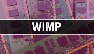 WIMP metni yazılım geliştiricisi ve bilgisayar yazılımının Elektronik soyut teknoloji arka planında yazıldı. WIMP entegre devreler konsepti. WIMP entegre devre ve direnç