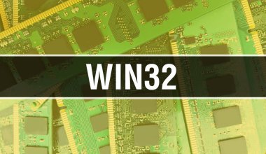 Elektronik Entegre Devre kartlı Win32 konsepti. Bilgisayar Çipi 'nin soyut teknoloji arka planında olduğu Win32 ve Chip entegre bir devrede kapanıyor. Kazanan 3color