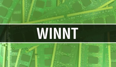 Bilgisayar anakartlı WinnT konsepti. WinNT metin Teknoloji Anakart Dijital Teknoloji arka planı üzerine yazılmış. Yazılı devre kartı olan WinNT ve Chip entegre devreleri kapatıyor