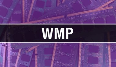 Bilgisayar anakartlı WMP kavramı. WMP metni Teknoloji Anakart Dijital Teknoloji geçmişi üzerine yazılmış. Yazdırılmış devre kartı olan WMP ve Chip entegre devre Backgroun 'u kapatın