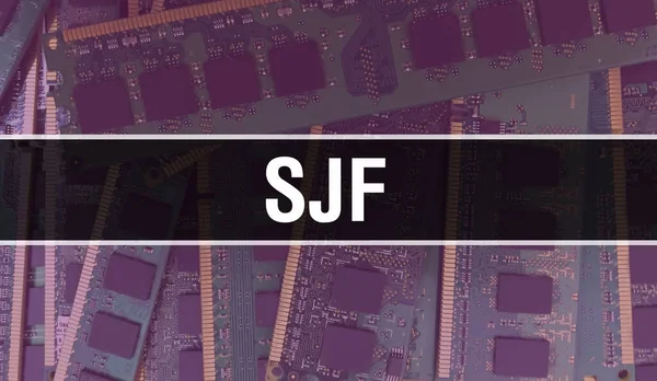 Elektronik Entegre Devre kartlı SJF konsepti. Bilgisayar Çipi 'nin soyut teknoloji arka planında olduğu SJF ve Chip entegre bir devrede kapanıyor. SJF Arka GrubuName