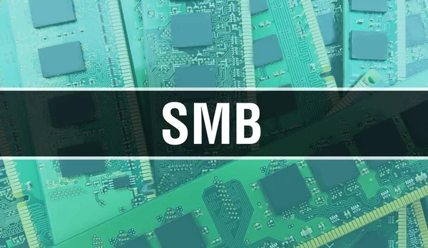 コンピュータマザーボードとの中小企業の概念 Technology Motherboard Digitalテクノロジーの背景に書かれたSmbテキスト 集積回路上にプリント基板とチップを搭載したSmb Backgrown — ストック写真