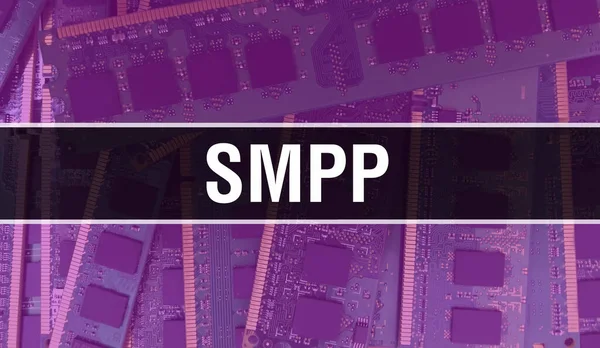 Smpp概念与电子集成电路在电路板上 Smpp与计算机芯片在电路板上的抽象技术背景和芯片在集成电路上的紧密相连 Smpp Backgroun — 图库照片