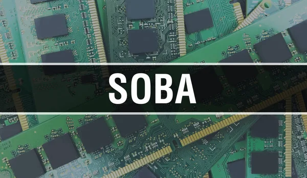 具有计算机硬件技术背景的Soba 具有电子集成电路和Soba的背景 电子电路板 Soba与计算机集成电路板 — 图库照片