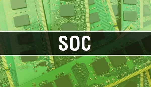 Koncepcja Soc Płytą Główną Komputera Tekst Soc Napisany Technologii Płyty — Zdjęcie stockowe