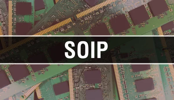 用计算机芯片在电路板上演示Soip概念 Soip闭合集成电路板背景 电子计算机软硬件技术中的Soip主板数字气门 — 图库照片