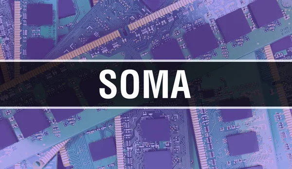 回路基板上のコンピュータチップを使ったSomaのコンセプトイラスト Somaは集積回路基板の背景を閉じます Soma Electronic Computer Hardware Technology マザーボードデジタルチー — ストック写真