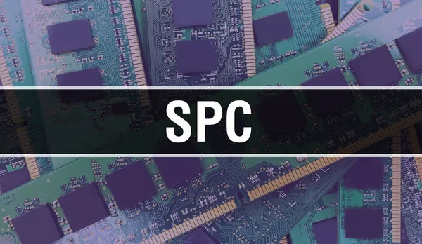 具有电子计算机硬件技术背景的Spc 具有电子集成电路和Spc的背景 电子电路板 Spc与计算机集成电路板 — 图库照片