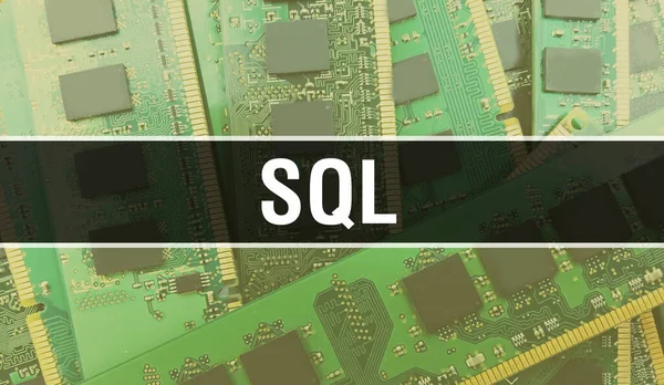 Bilgisayar anakartlı SQL konsepti. SQL metin Teknoloji Anakart Dijital Teknoloji arka planı üzerine yazılmış. Yazdırılmış devre kartı ile SQL ve Chip entegre devre Backgroun üzerinde kapatın