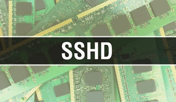 Sshdの概念図は 回路基板上のコンピュータチップを使用して 内蔵の回路基板の背景を閉じる必要があります 電子計算機ハードウェア技術のShdマザーボードデジタルチー — ストック写真