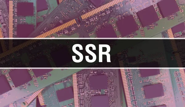 回路基板上の電子集積回路とSsrの概念 Ssr Computer Chip Circuit Board抽象技術の背景とチップは集積回路上に閉じ込められています Ssr背景 — ストック写真