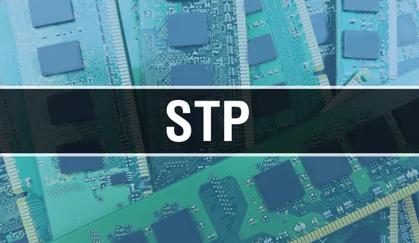 电子元器件在集成电路板背板上的Stp 数字电子计算机硬件和安全数据概念 计算机主板和Stp Stp集成电路Boar — 图库照片