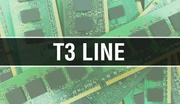 T3线文字写在电路板电子抽象技术背景上的软件开发人员和计算机脚本 T3集成电路线的概念 T3线路集成电路和 — 图库照片
