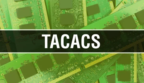 Tacacs文本写在电路板上 具有软件开发人员和计算机脚本的电子抽象技术背景 Tacacs集成电路的概念 Tacacs集成电路 — 图库照片