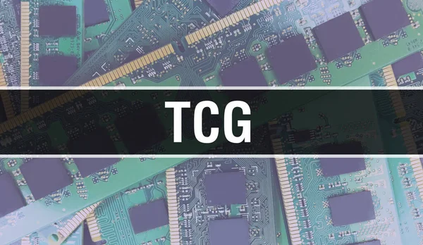 TCG concept with Electronic Integrated Circuit on circuit board. TCG with Computer Chip in Circuit Board abstract technology background and Chip close up on a integrated circuit. TCG Backgroun