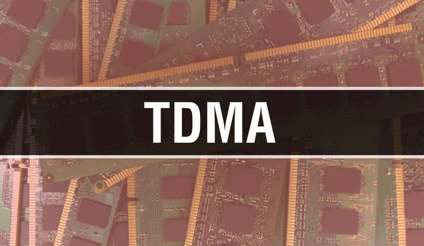 回路基板上のコンピュータチップを用いたTdmaの概念図 Tdmaは集積回路基板の背景を閉じます Tdma Electronic Computer Hardware Technology マザーボードデジタルチー — ストック写真