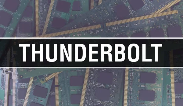 回路基板上のコンピュータチップを使用したThunderboltの概念図 内蔵回路基板のバックグラウンドをThunderboltで閉じます 電子計算機ハードウェア技術上のThunderbolt — ストック写真