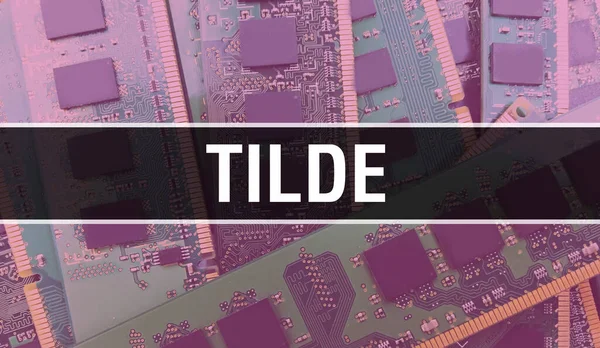 Tilde Elementami Elektronicznymi Tle Zintegrowanej Płytki Drukowanej Digital Electronic Computer — Zdjęcie stockowe