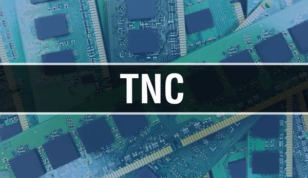 回路基板上に書かれたTncテキストソフトウェア開発者とコンピュータスクリプトの電子抽象技術の背景 集積回路のTnc概念 Tnc集積回路と抵抗 — ストック写真