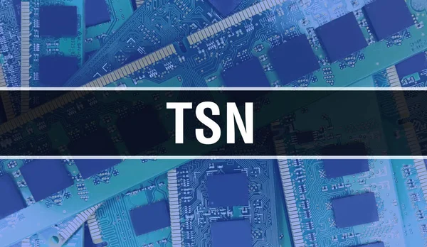 TSN concept with Electronic Integrated Circuit on circuit board. TSN with Computer Chip in Circuit Board abstract technology background and Chip close up on a integrated circuit. TSN Backgroun