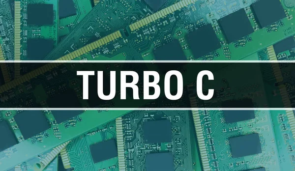 涡轮C概念与电子集成电路在电路板上 涡轮C与计算机芯片在电路板抽象技术背景和芯片在集成电路上的密切关系 Turbo — 图库照片