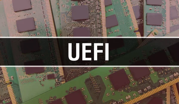 在集成电路板背板上装有电子元件的Uefi 数字电子计算机硬件和安全数据概念 计算机主板和Uefi Uefi集成电路板 — 图库照片