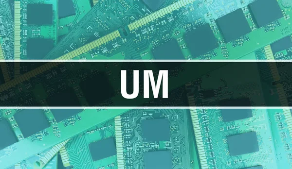 UM concept with Electronic Integrated Circuit on circuit board. UM with Computer Chip in Circuit Board abstract technology background and Chip close up on a integrated circuit. UM Background concep
