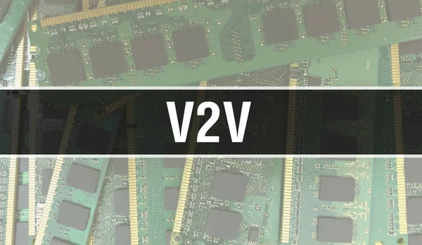 V2V concept with Electronic Integrated Circuit on circuit board. V2V with Computer Chip in Circuit Board abstract technology background and Chip close up on a integrated circuit. V2V Backgroun