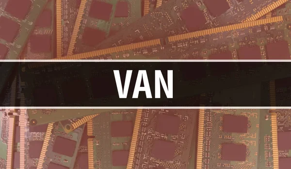 Van Technology Motherboard Digital Vanとコンピュータ回路基板電子計算機ハードウェア技術マザーボードデジタルチップの概念 統合回路のイノシシとバンを閉じます — ストック写真