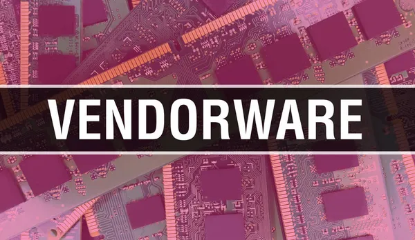 在电路板中使用计算机芯片演示Vendorware概念 Vendorware闭合集成电路板背景 电子计算机软硬件技术中的Vendorware — 图库照片
