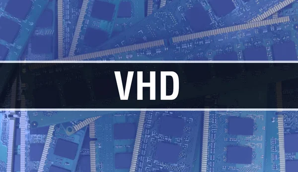 テクノロジーマザーボードデジタルとVhd Vhdとコンピュータ回路基板電子計算機ハードウェア技術マザーボードデジタルチップの概念 集積回路のイノシシとVhdを閉じます — ストック写真