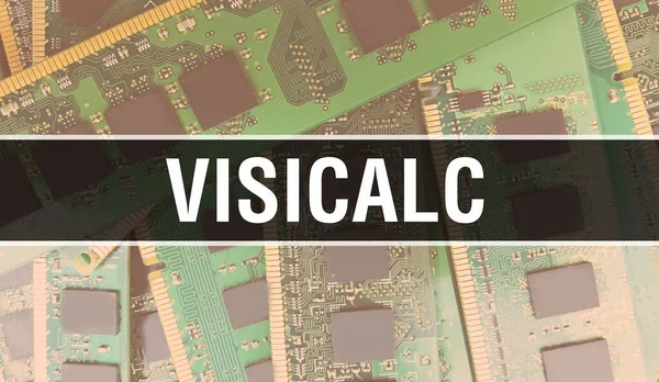 Visicalc 텍스트는 일렉트로닉 테크놀로지의 소프트웨어 개발자와 컴퓨터 스크립트의 배경으로 작성되었다 — 스톡 사진