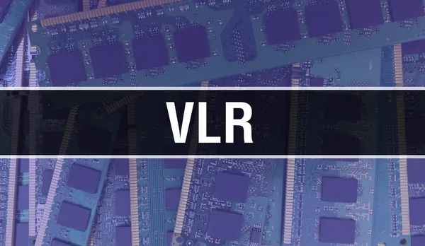Elektronik Entegre Devre kartlı VLR konsepti. Bilgisayar Çipi 'nin soyut teknoloji arka planında olduğu VLR ve Chip entegre bir devrede kapanıyor. VLR Arka GrubuName