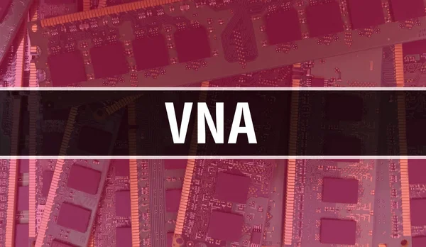 Vna概念与电子集成电路在电路板上 Vna与计算机芯片在电路板上的抽象技术背景和芯片在集成电路上的紧密相连 Vna Backgroun — 图库照片
