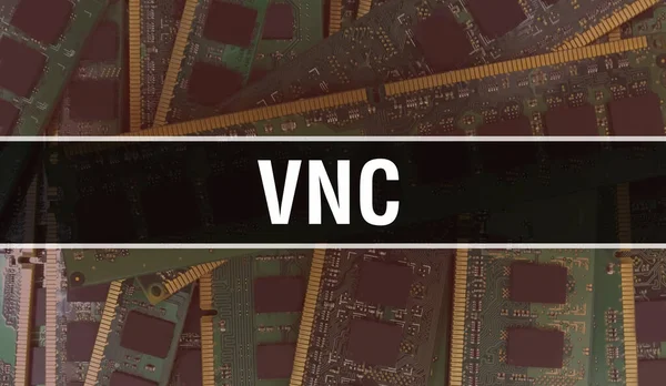 Vnc与技术主板数字 Vnc和计算机电路板电子计算机硬件技术主板数字芯片的概念 用集成电路将Vnc关闭 — 图库照片