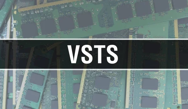Elektronik Entegre Devre kartlı VSTS konsepti. Bilgisayar Çipi 'nin soyut teknoloji arka planında olduğu VSTS ve Chip entegre bir devrede kapanıyor. VSTS Arka Gruplandırması