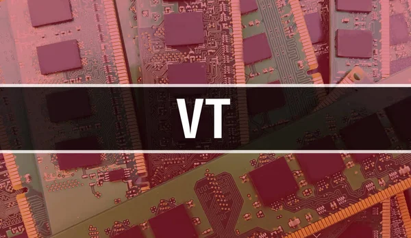 コンピュータのマザーボードとVtの概念 技術マザーボードのデジタル技術の背景に書かれたVtテキスト プリント基板とチップを内蔵したVtが集積回路上で閉じます — ストック写真