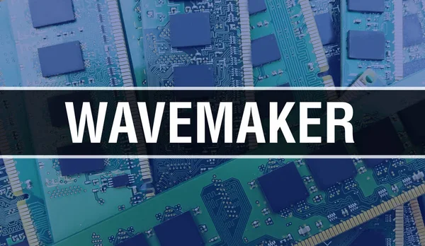 Wavemakerテキストは ソフトウェア開発者とコンピュータスクリプトの回路基板電子抽象技術の背景に書かれています 統合回路のWavemaker概念 Wavemaker集積回路 — ストック写真