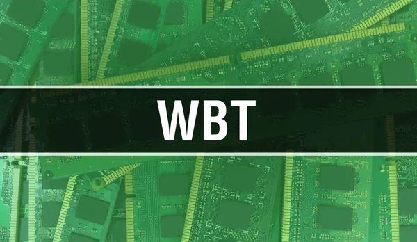 コンピュータのマザーボードとWbtの概念 技術マザーボードのデジタル技術の背景に書かれたWbtテキスト プリント基板とチップを内蔵したWbtが集積回路上でクローズアップ Backgrown — ストック写真
