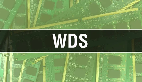 コンピュータのマザーボードとWdsの概念 技術マザーボードのデジタル技術の背景に書かれたWdsテキスト プリント基板とチップを内蔵したWdsが集積回路上で閉じます — ストック写真